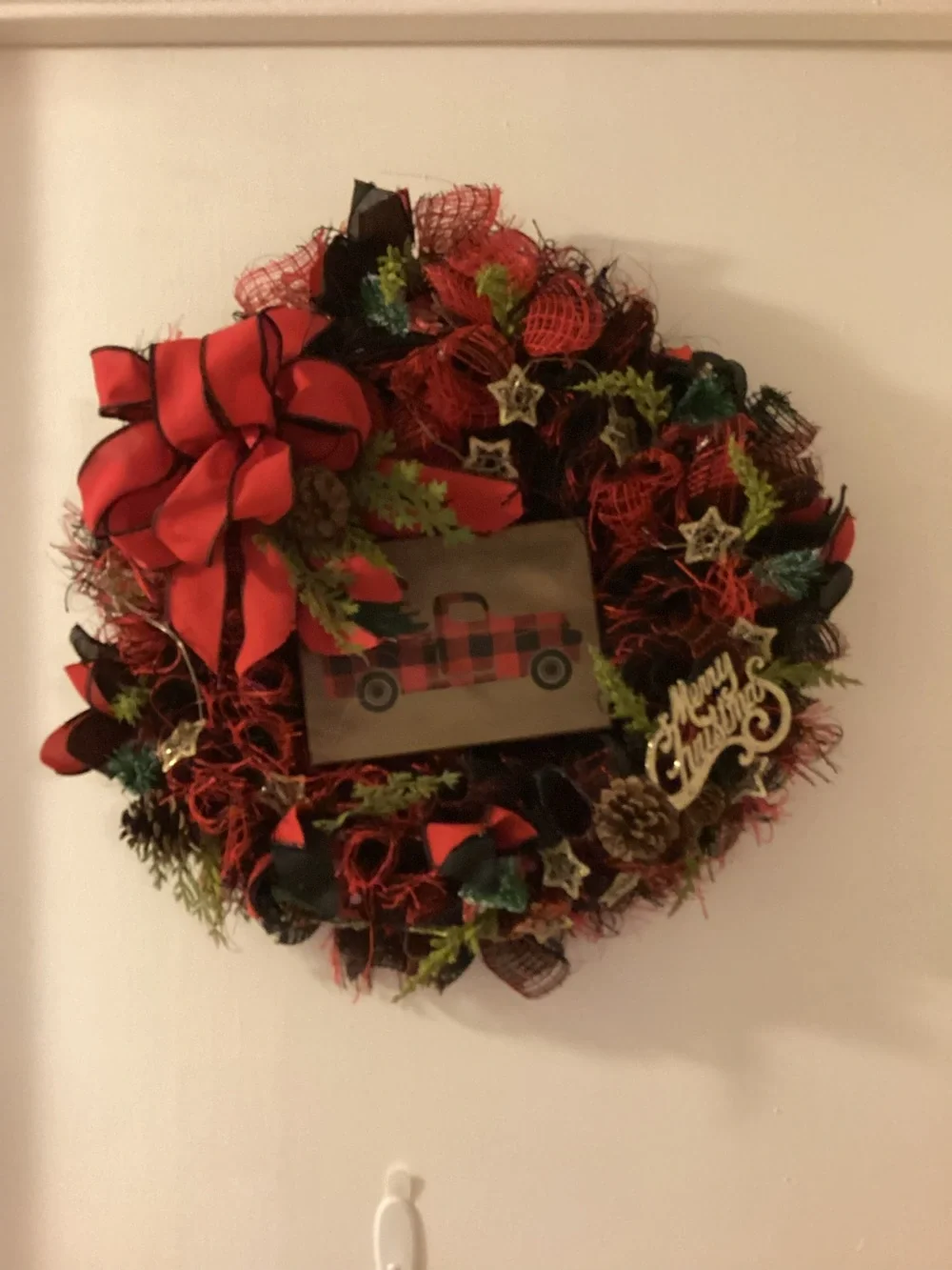 Homemade Christmas wreath with truck and battery operated lights